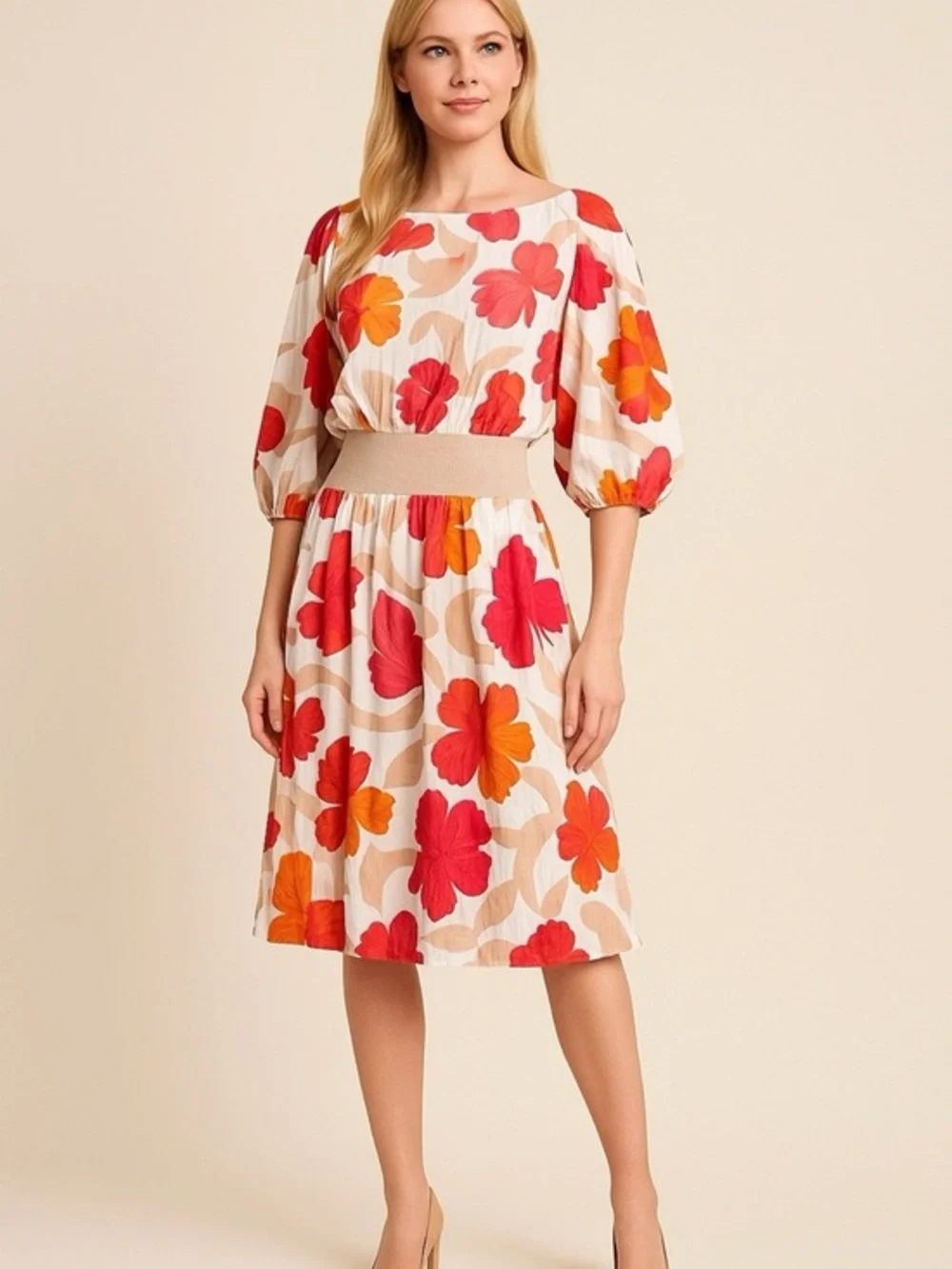 Anthropologie Floral Puff-Sleeve Midi Dress in Cream with Red & Orange Print